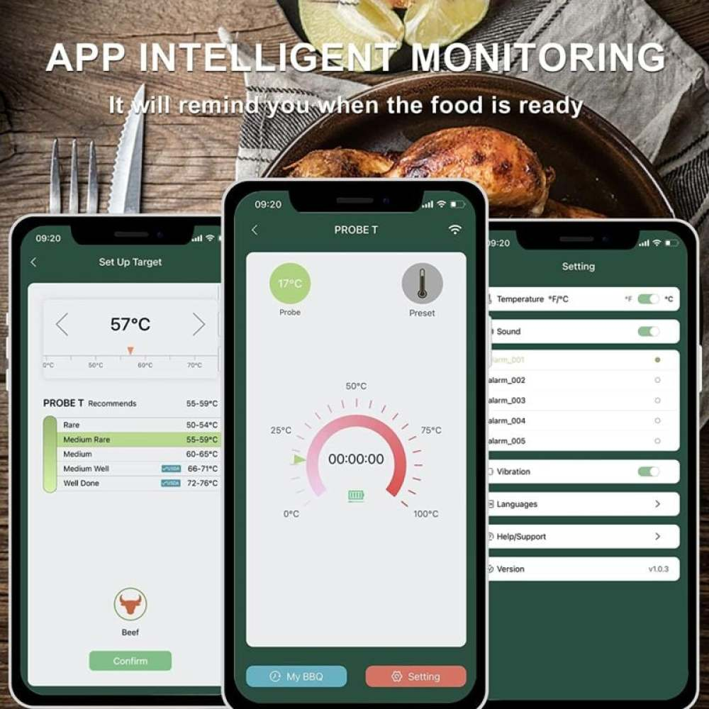 Drei Smartphones zeigen eine App zur Überwachung der Fleischtemperatur mit Einstellungen für Garstufen.