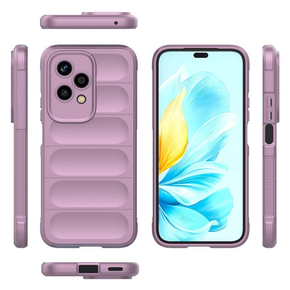 Coque de téléphone violette avec dos texturé et découpe caméra, vue sous plusieurs angles.