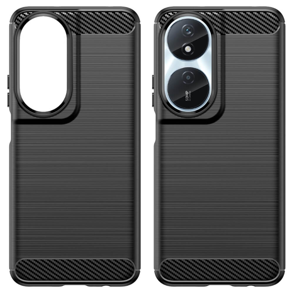Coque de téléphone noire avec accents en fibre de carbone et découpe caméra.