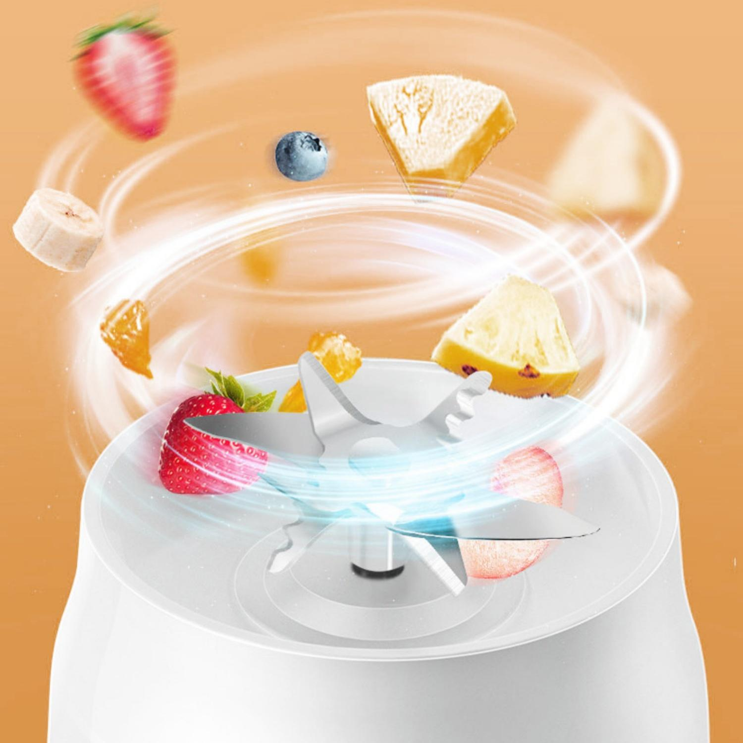 Früchte wie Erdbeeren, Bananen, Ananas und Blaubeeren wirbeln um einen Mixer.