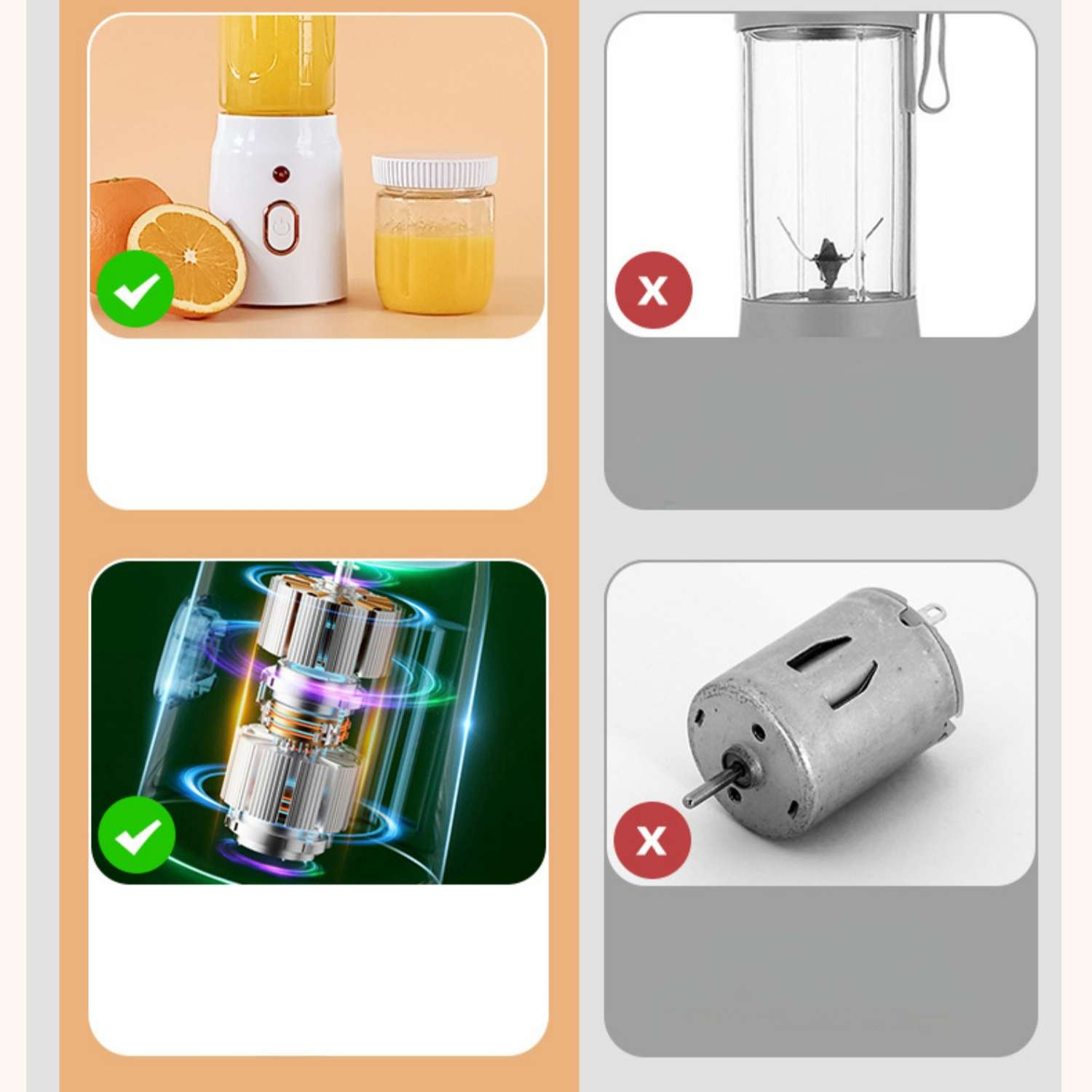 Ein weißer Mixer mit Orangen und Saft, ein Motor und ein zerlegter Mixer.