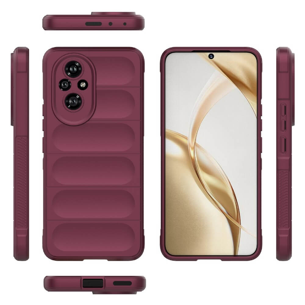 Cinq vues d'une coque de téléphone bordeaux à rayures horizontales.