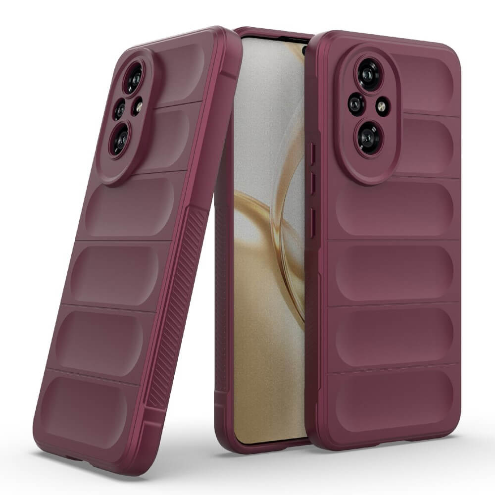 Deux coques de téléphone bordeaux à motif côtelé et ouverture pour objectif de caméra sur fond blanc.