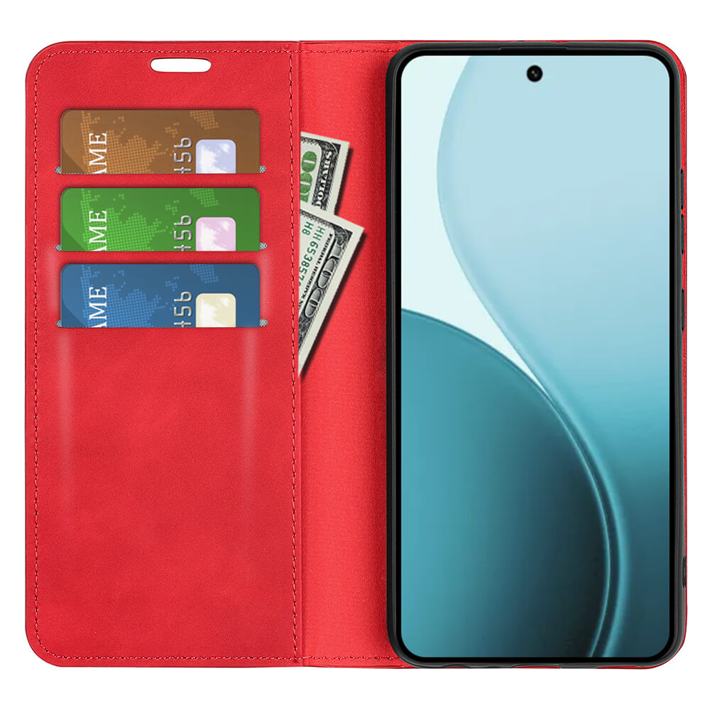 Étui portefeuille rouge avec cartes de crédit et billets de dollars.