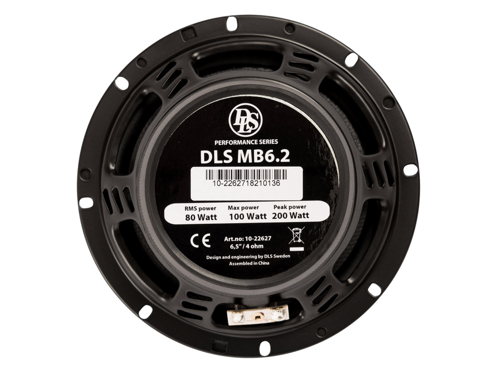 Schwarzer Lautsprecher mit silbernem Etikett: DLS MB6.2, 80W RMS.