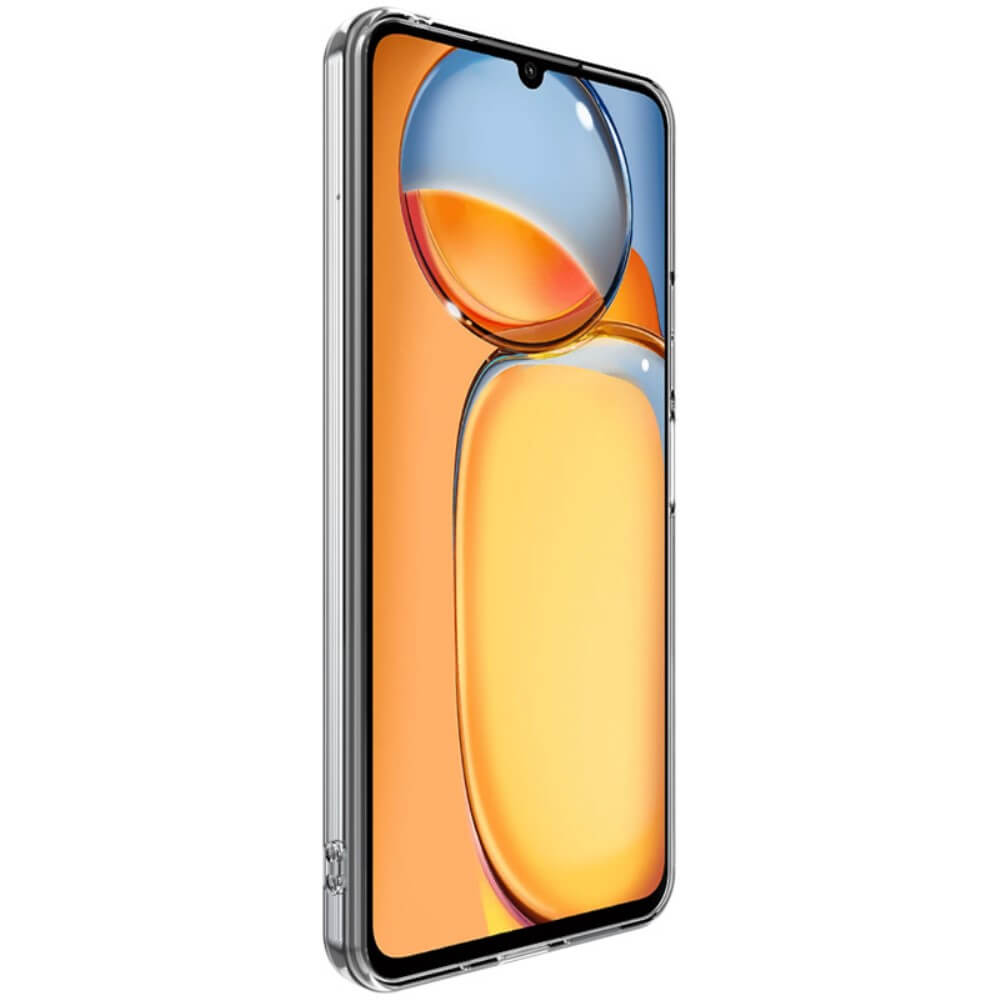 Une coque de téléphone transparente avec un fond abstrait orange et bleu.