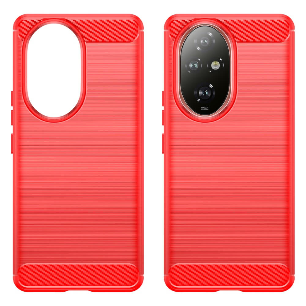 Deux coques de tél éphone rouges avec accents en fibre de carbone. L'une montre l'avant, l'autre l'arrière avec découpe caméra.