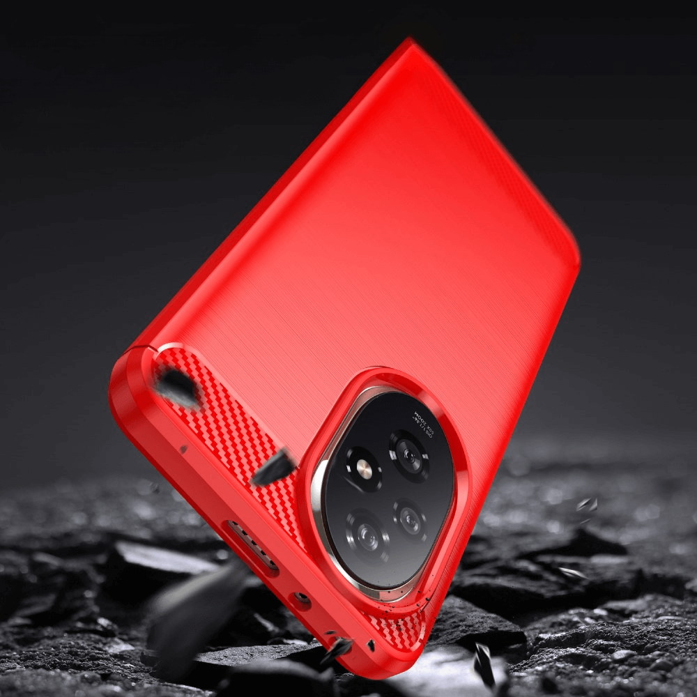 Coque de téléphone rouge à motif carbone, sur fond noir.