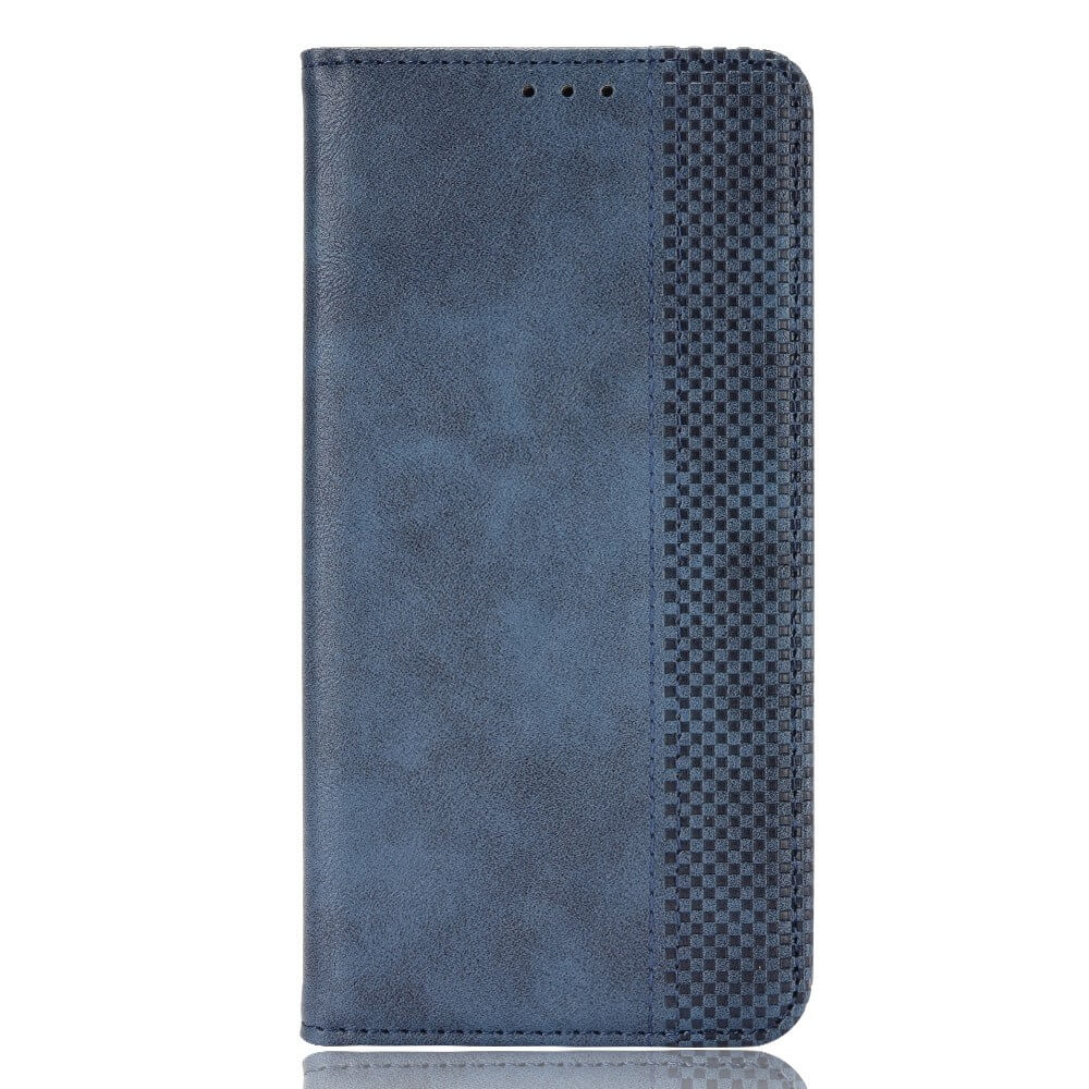Étui de téléphone bleu fermé, avec panneaux latéraux texturés.
