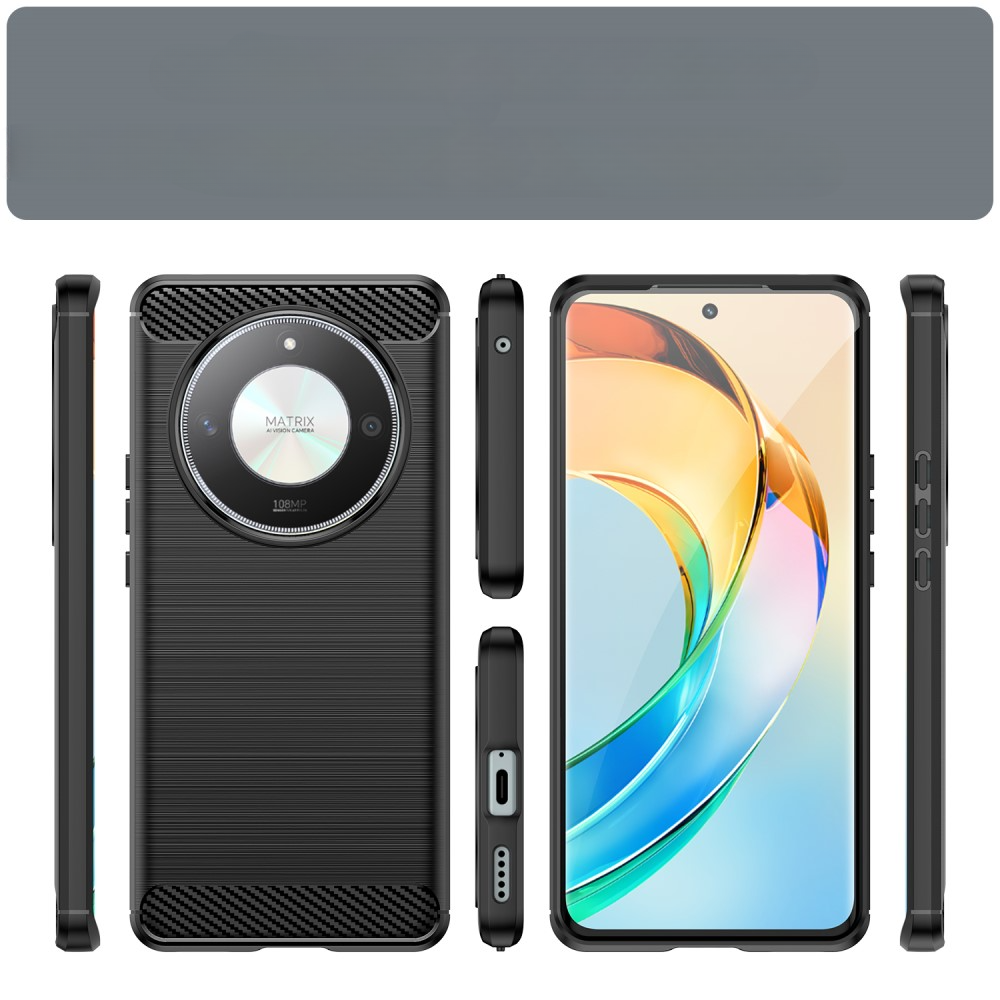 Coque de téléphone noire avec appareil photo et texture en maille; vue de face smartphone fond coloré.