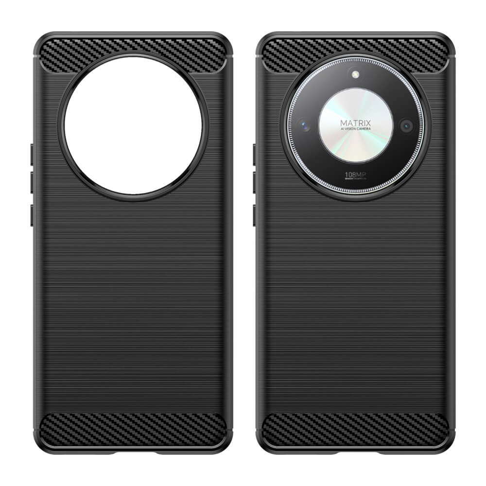 Coque de téléphone noire avec motif carbone et grande découpe caméra.