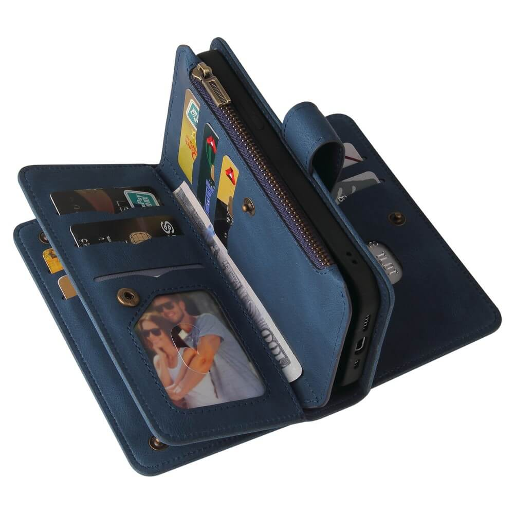 Portefeuille bleu en cuir avec fentes pour cartes, fermeture éclair et porte-photo.
