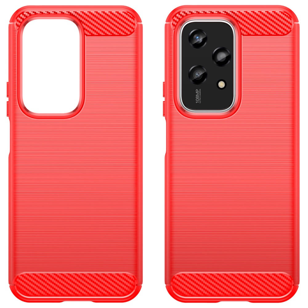 Deux coques de téléphone rouges avec motif carbone sur les bords et découpe caméra.