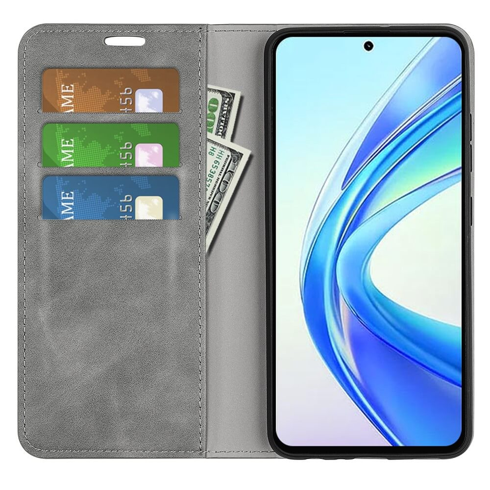 Étui à rabat gris pour téléphone avec fentes pour cartes et billets.