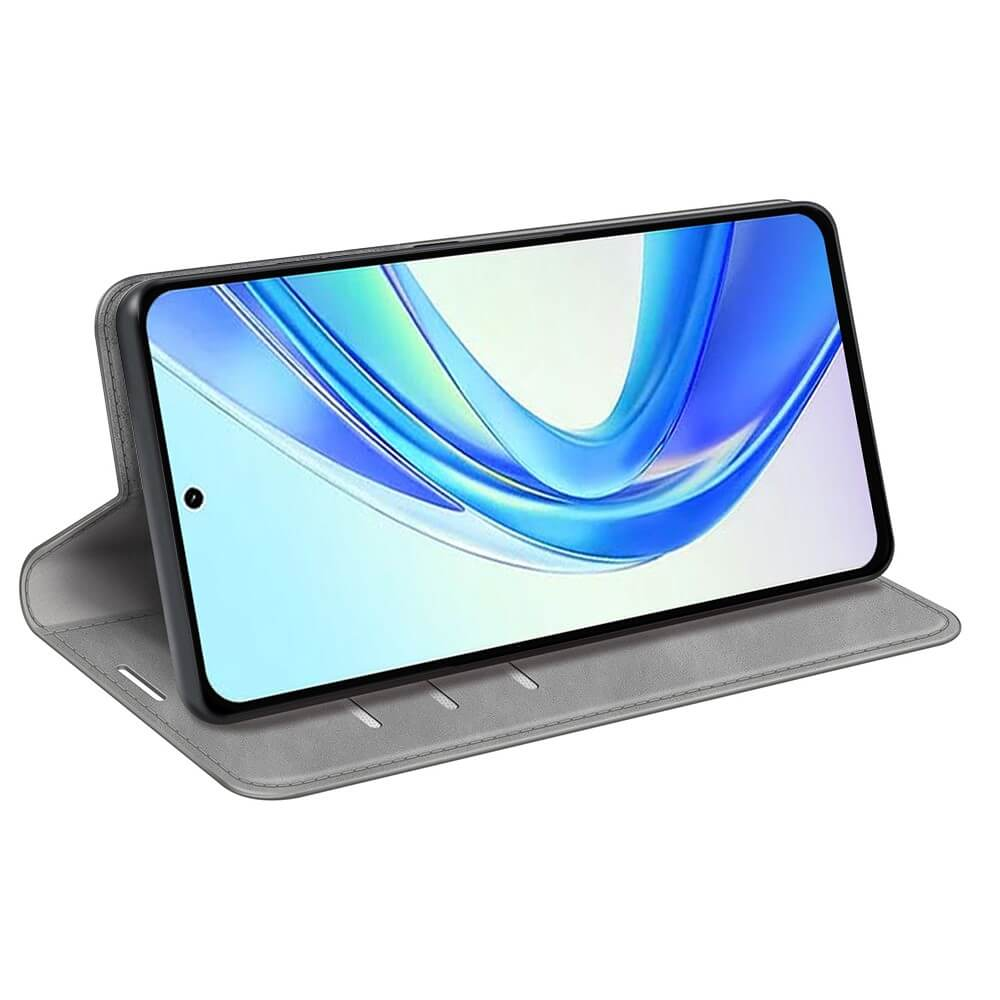 Étui de téléphone gris ouvert, montrant un écran avec des vagues abstraites bleues et blanches.