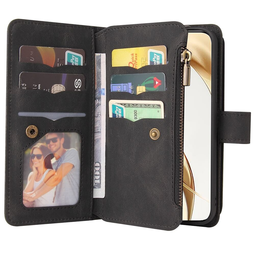 Portefeuille noir avec emplacements pour cartes, argent et une photo.