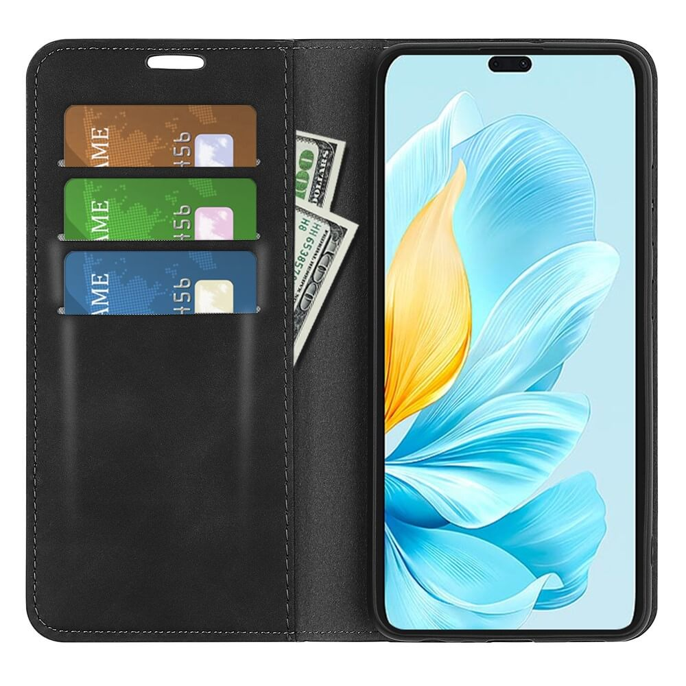 Étui portefeuille noir avec cartes de crédit et billet de 100 $, ouvert sur téléphone.