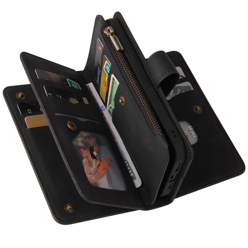 Portefeuille noir avec plusieurs fentes pour cartes, poche zippée et photo.