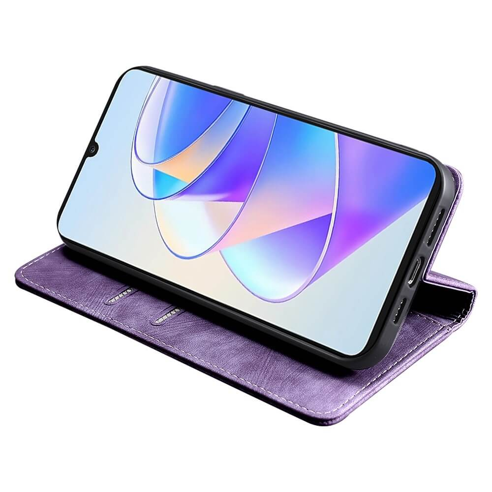 Un étui à rabat violet tient un smartphone avec un fond d'écran abstrait coloré.