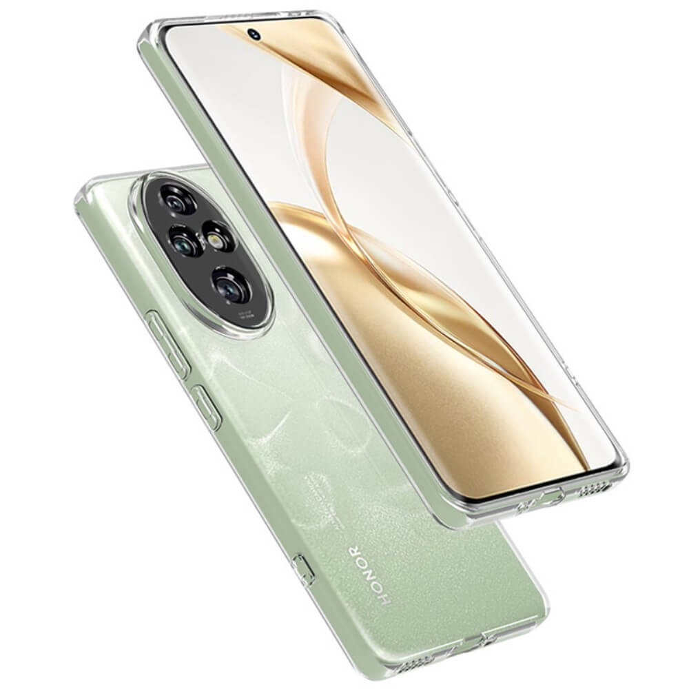 Deux coques de téléphone transparentes empilées. L'une montre l'arrière avec les caméras.