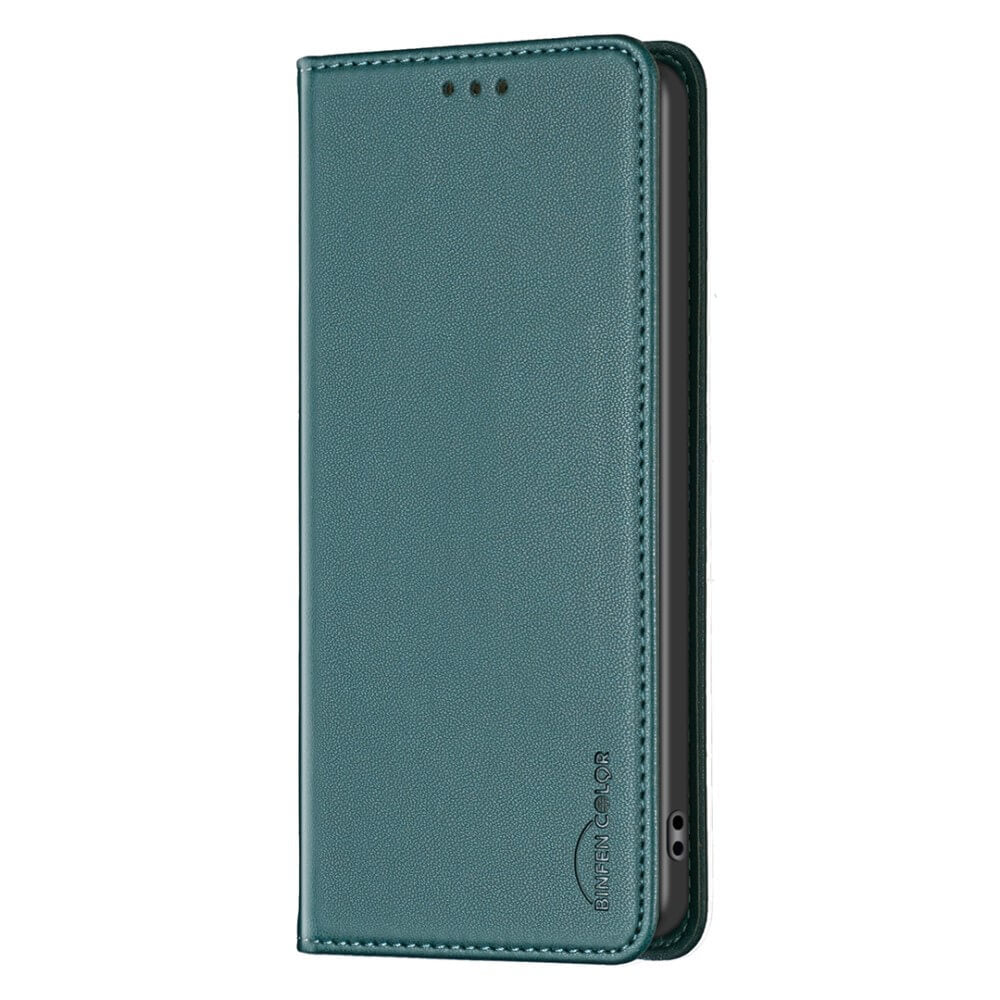 Un étui de téléphone fermé, couleur sarcelle, avec coutures et trois petits trous.