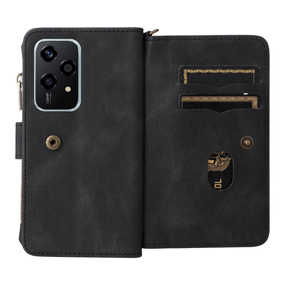 Étui portefeuille en cuir noir avec appareil photo et fentes.