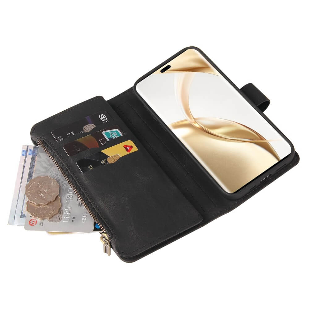 Étui portefeuille en cuir noir avec téléphone, cartes et pièces.