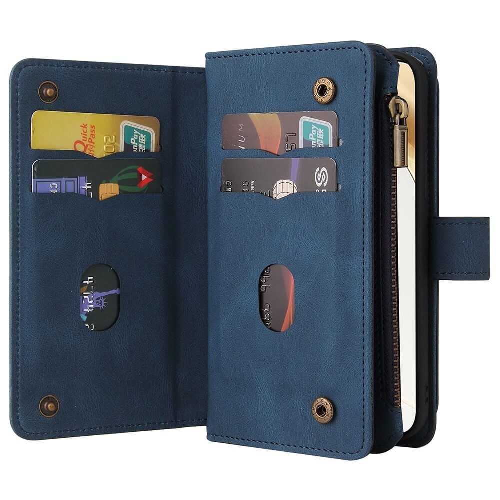 Portefeuille bleu avec fentes pour cartes et poche zippée. Contient des cartes de crédit et des pièces d'identité.