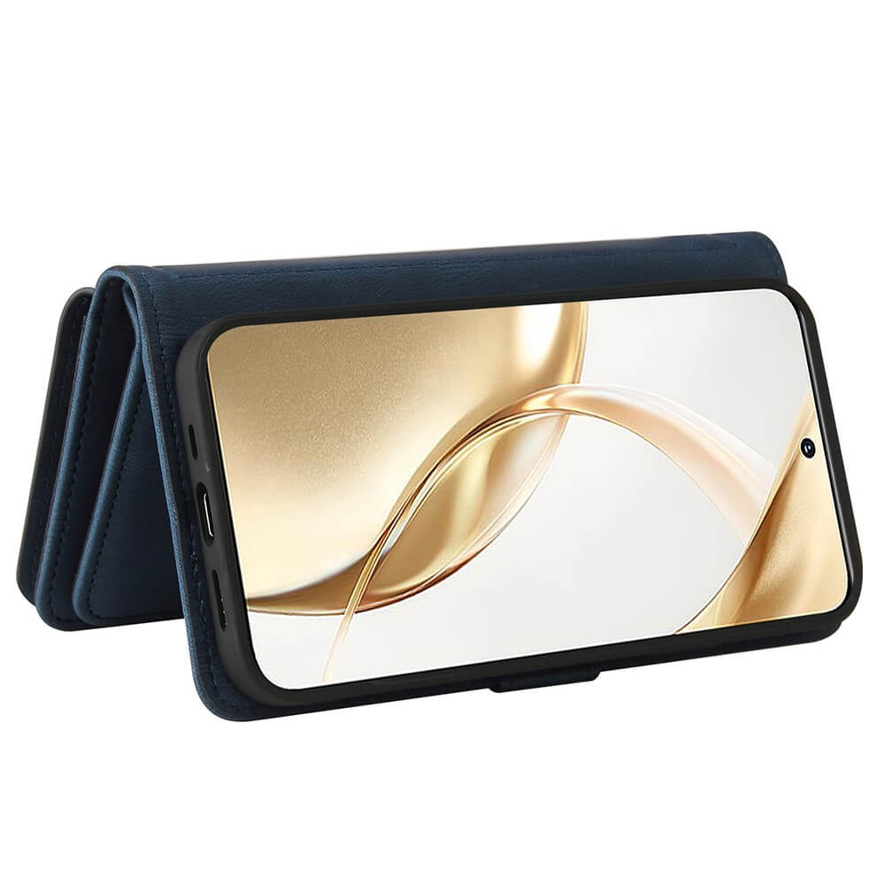 Un étui de téléphone bleu style livre avec un smartphone affichant un fond doré.