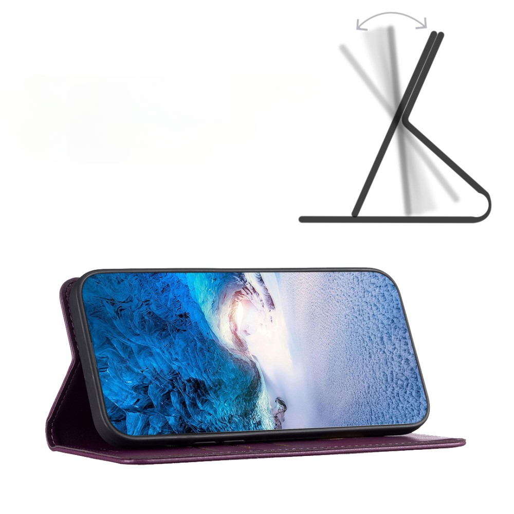 Étui violet pour téléphone avec support montre un téléphone avec fond d'écran vague.