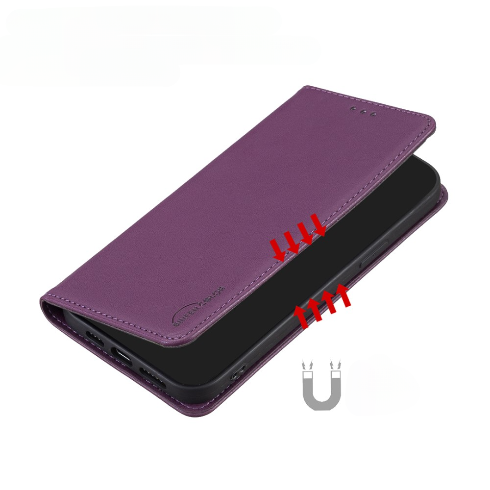 Étui violet pour téléphone ouvert avec symbole de fermeture magnétique.