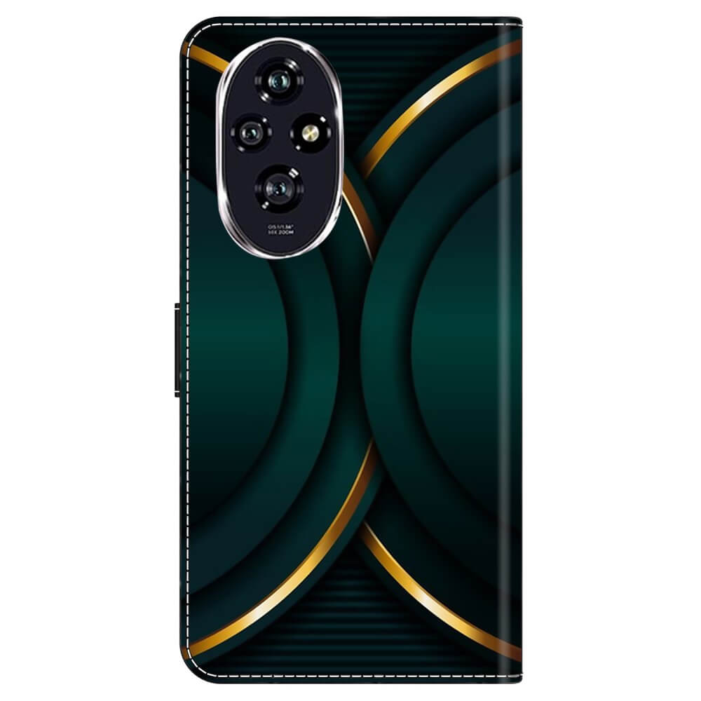 Coque de téléphone vert foncé avec accents dorés et bloc photo.