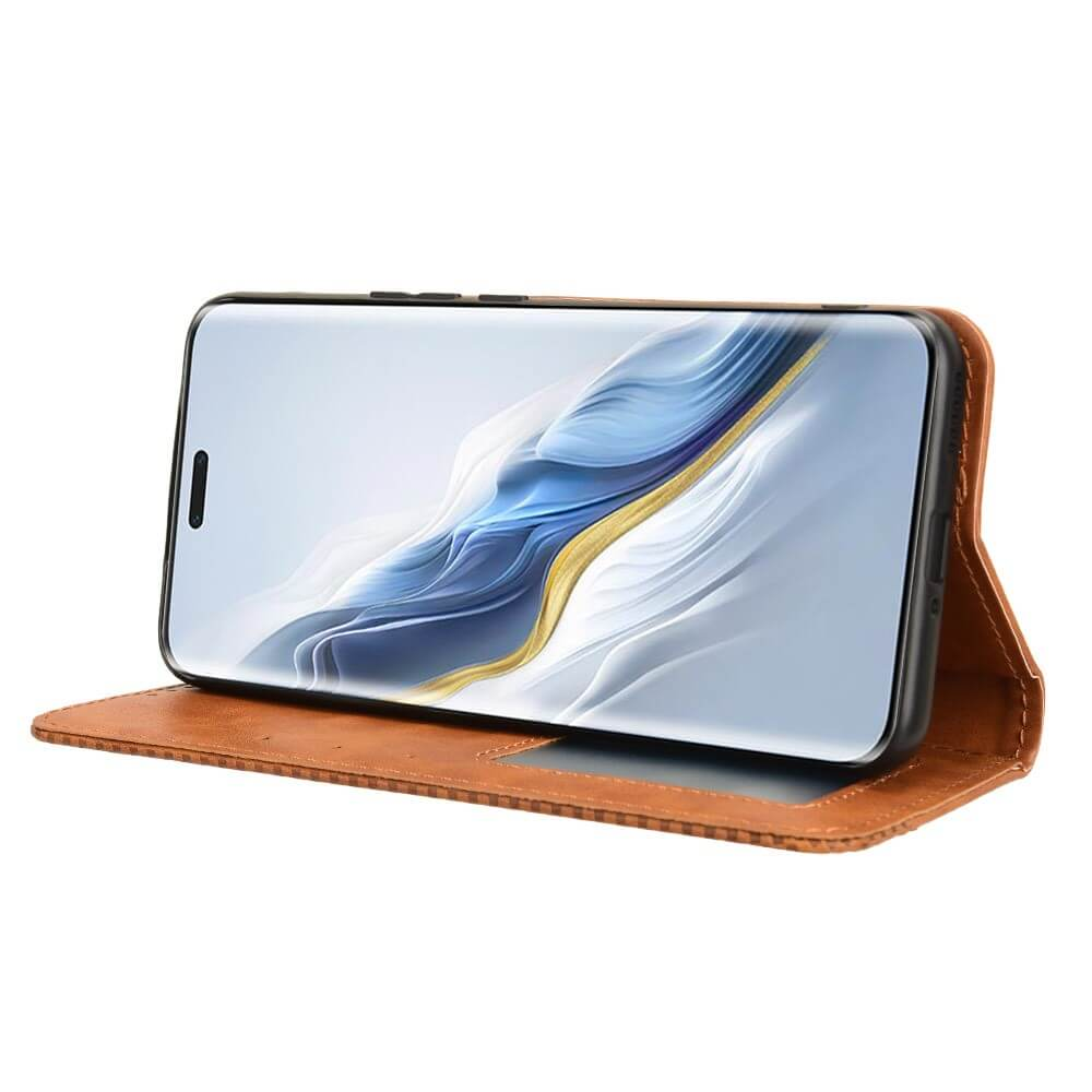 Un étui à rabat en cuir marron pour smartphone avec un fond d'écran abstrait.