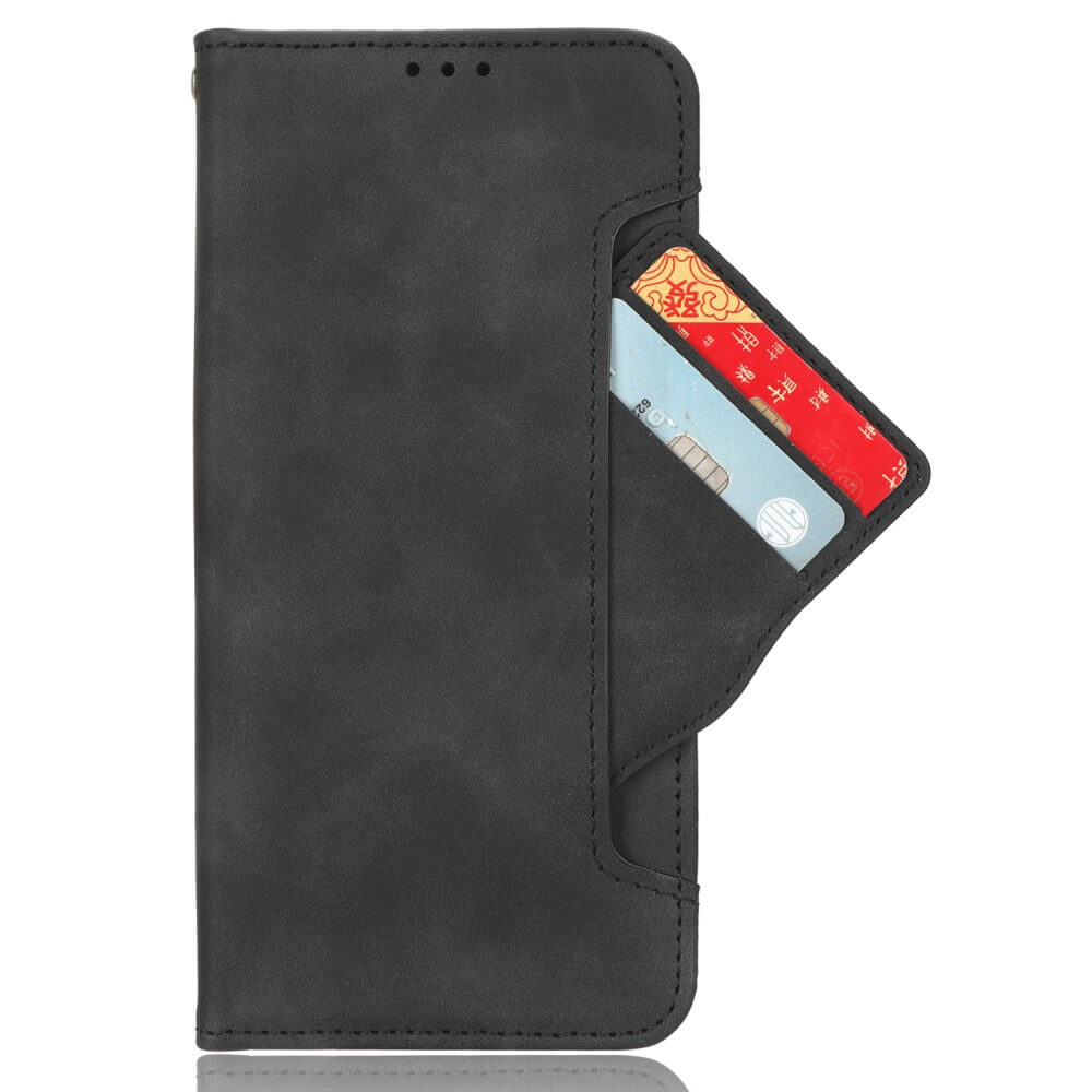 Étui portefeuille en cuir noir avec deux fentes pour cartes contenant une carte bleue et une rouge.