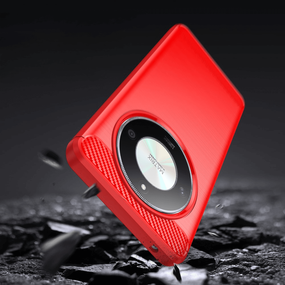 Coque de téléphone rouge avec module caméra rond sur fond sombre et rocheux.