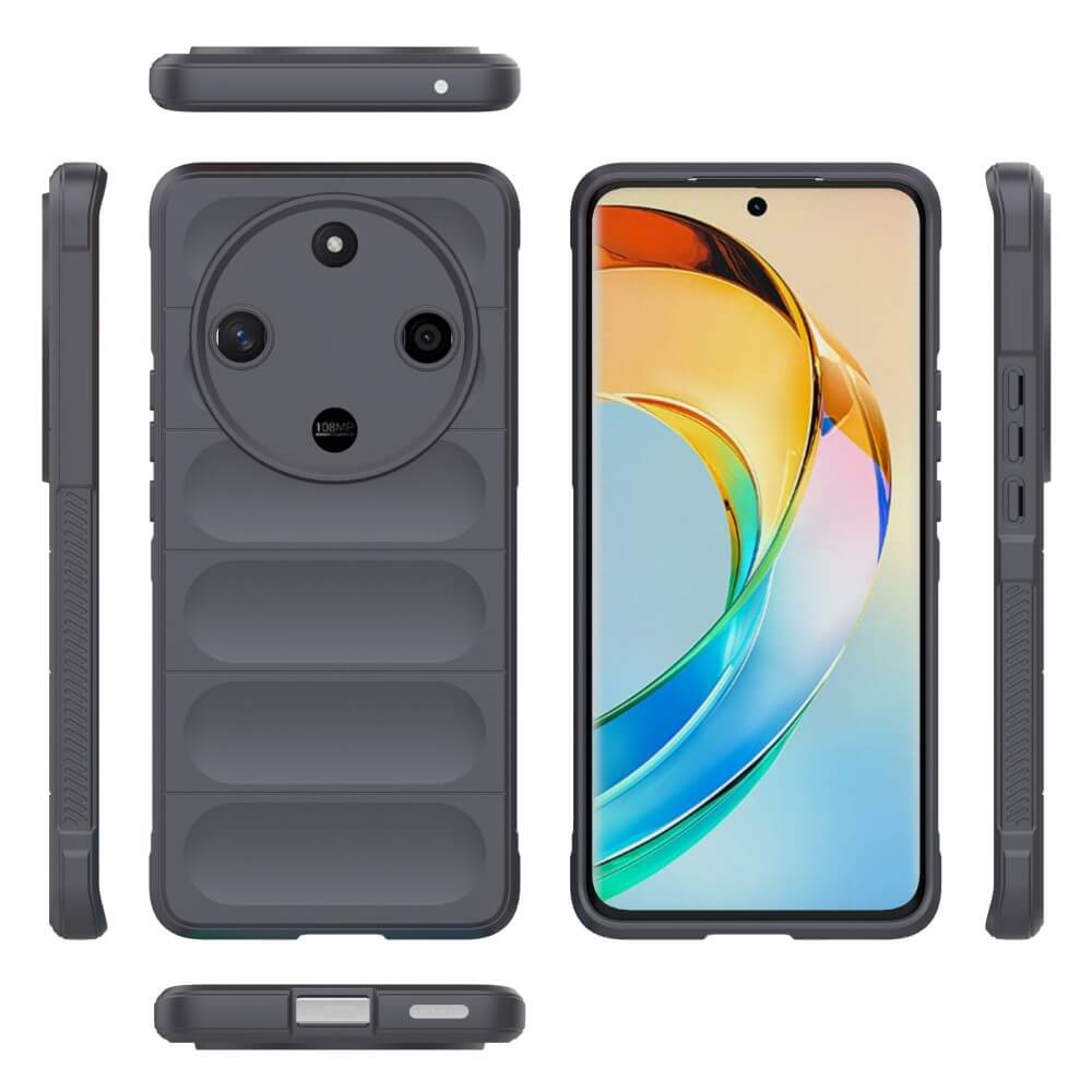 Un téléphone sombre avec caméras et étui, vu sous plusieurs angles.