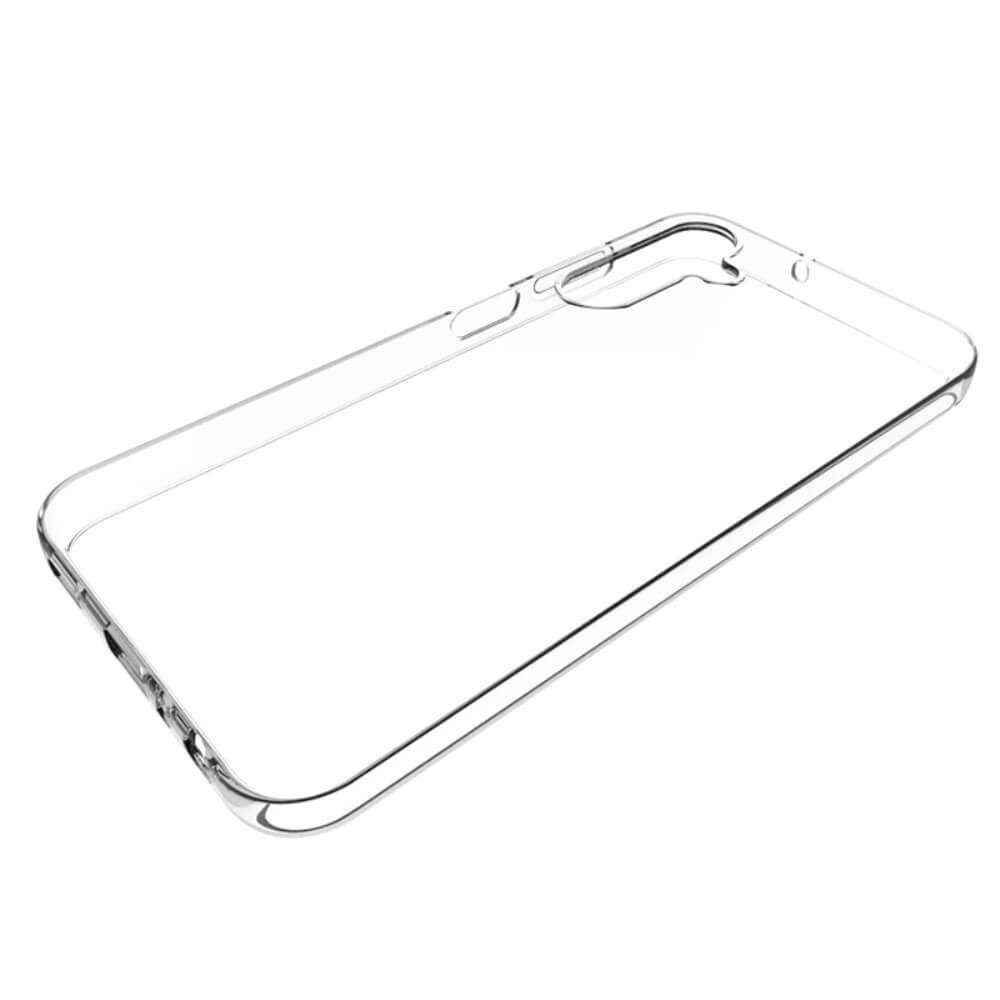 Custodia trasparente per telefono con ritagli per fotocamera e pulsanti.