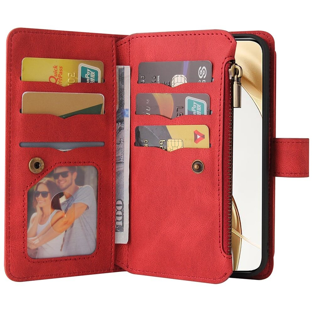 Portefeuille rouge avec fentes pour cartes, photo, billets et téléphone.