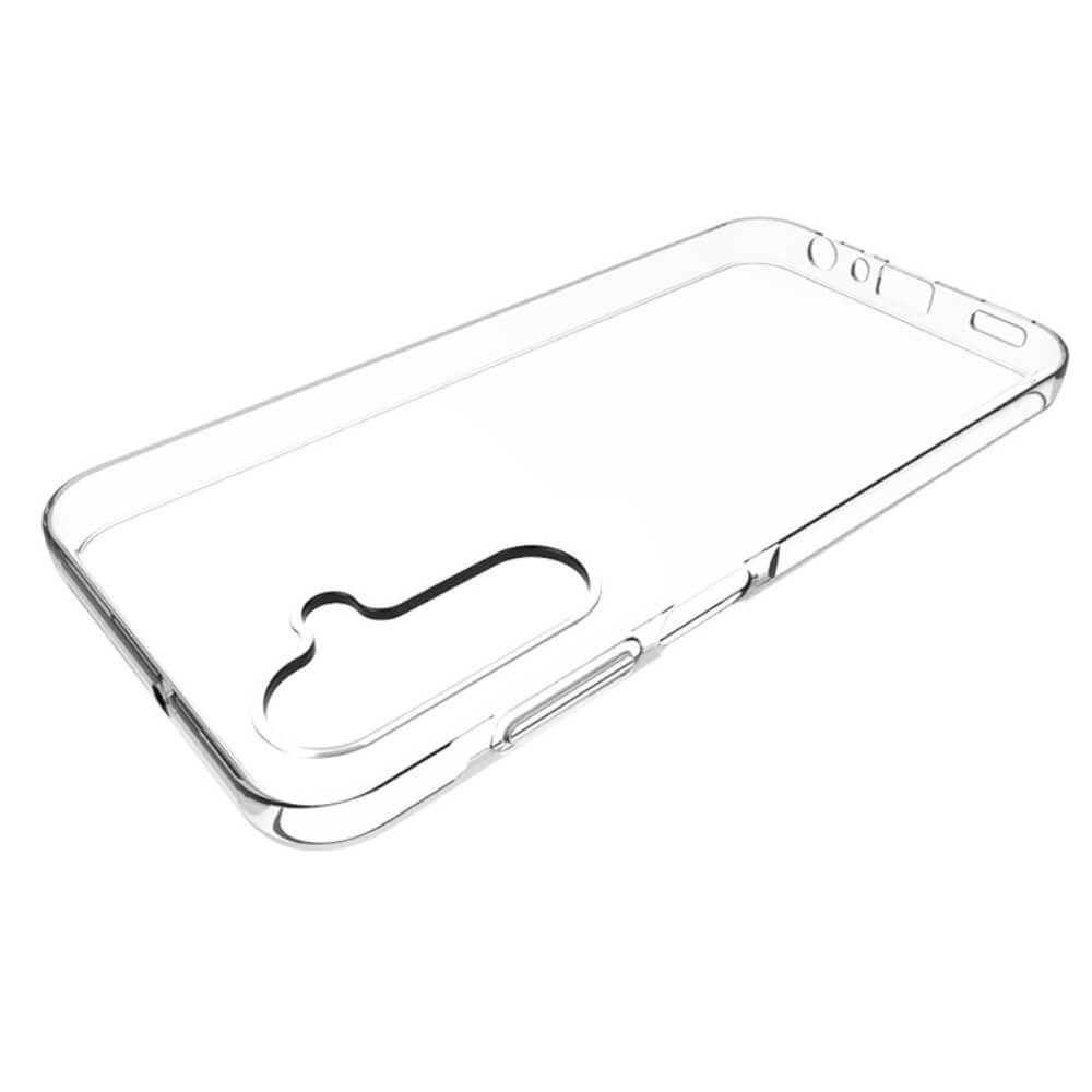Una custodia trasparente per telefono con ritagli per fotocamera e pulsanti.