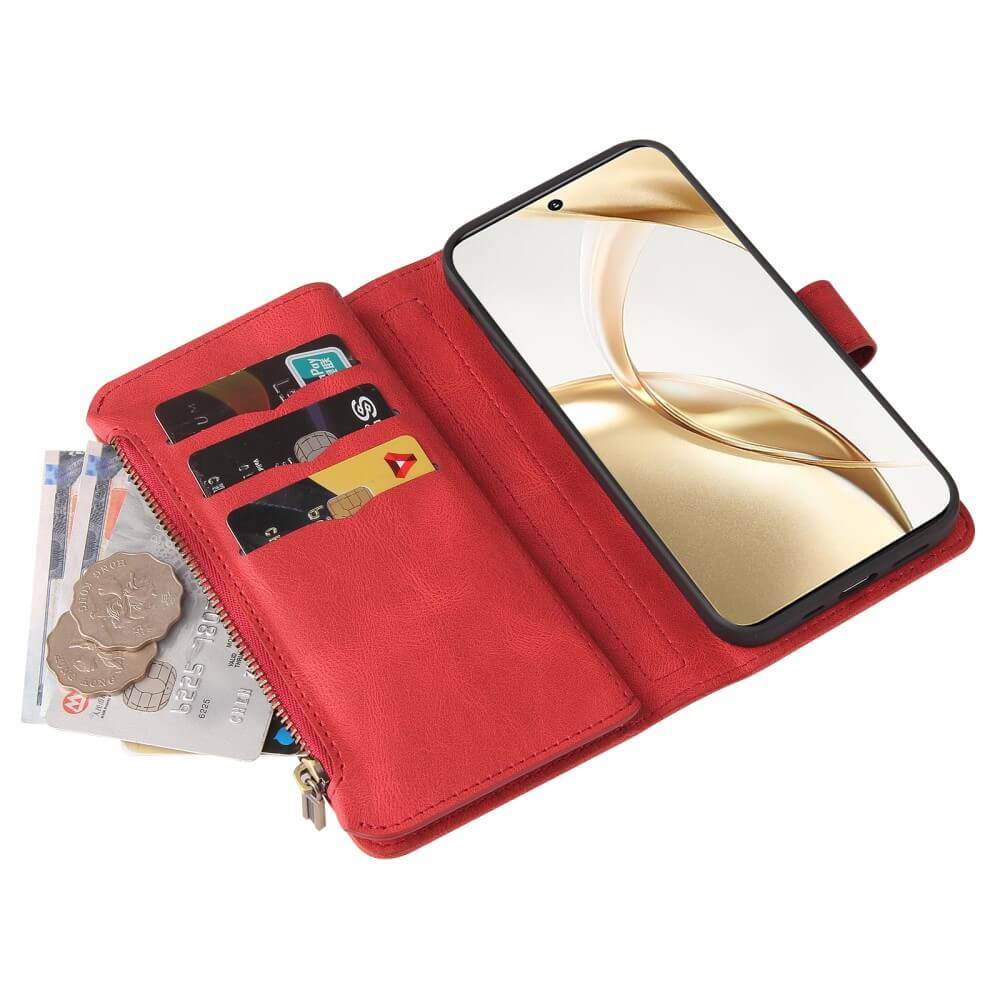 Étui de téléphone rouge avec fentes pour cartes, fermeture éclair et pièces.