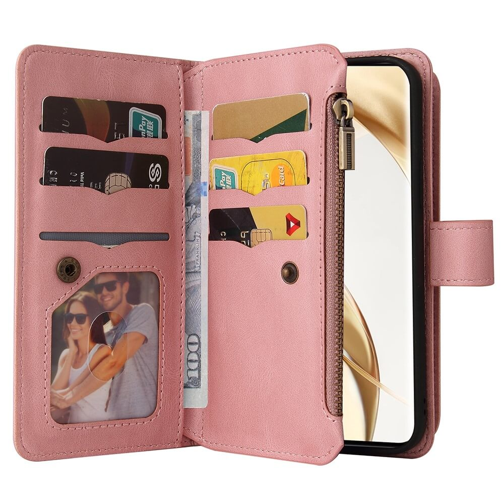 Un portefeuille de téléphone rose avec fentes pour cartes, porte-photo et téléphone.