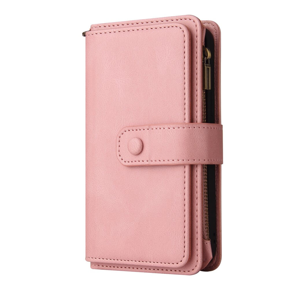 Un portefeuille rose à deux volets avec fermeture à pression et zip.