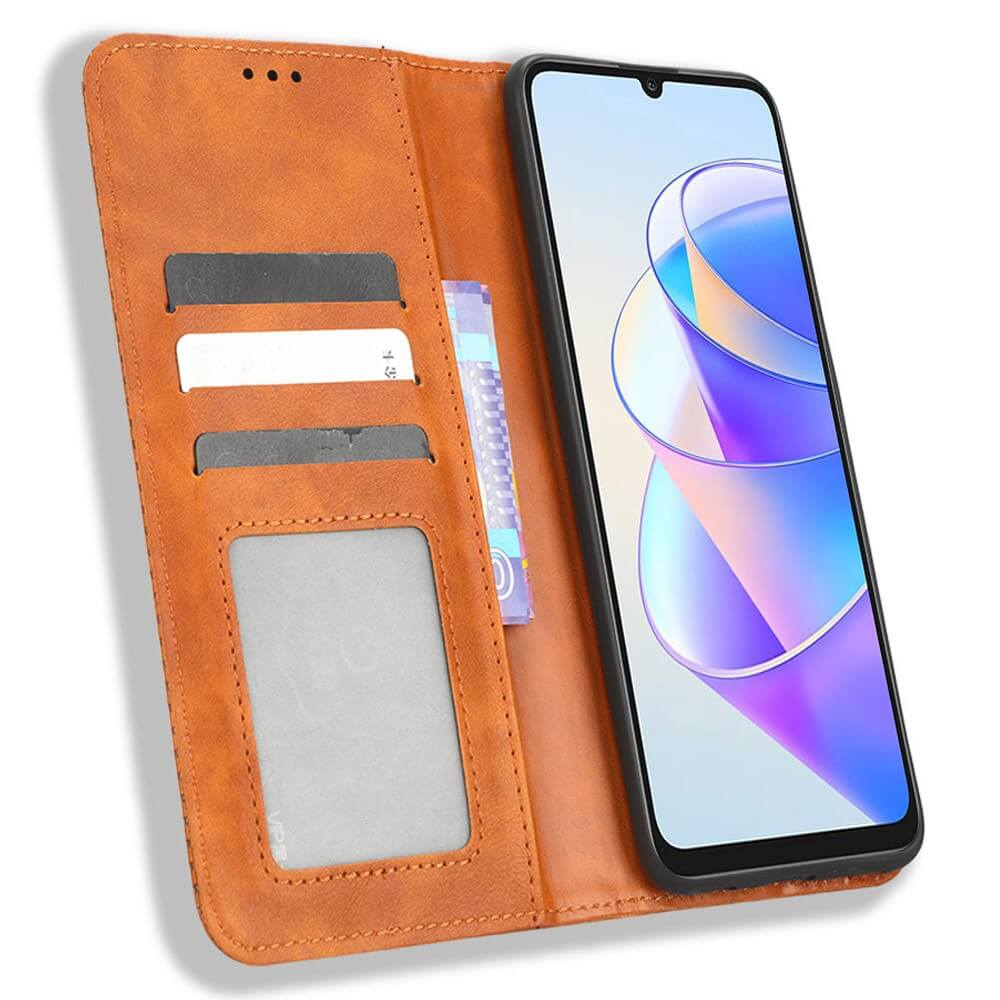 Un étui de téléphone marron avec des fentes pour cartes et un smartphone à écran coloré.