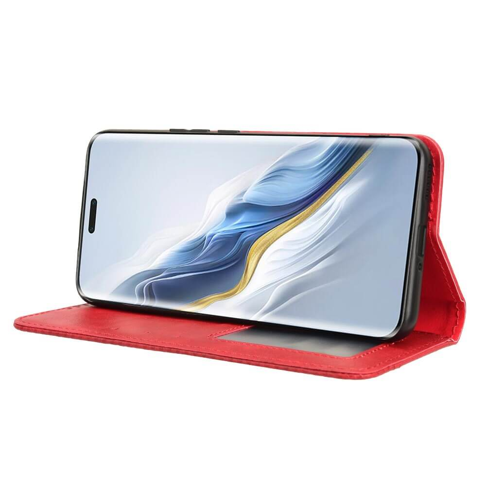 Étui portefeuille rouge pour smartphone avec téléphone en mode paysage, fond abstrait.