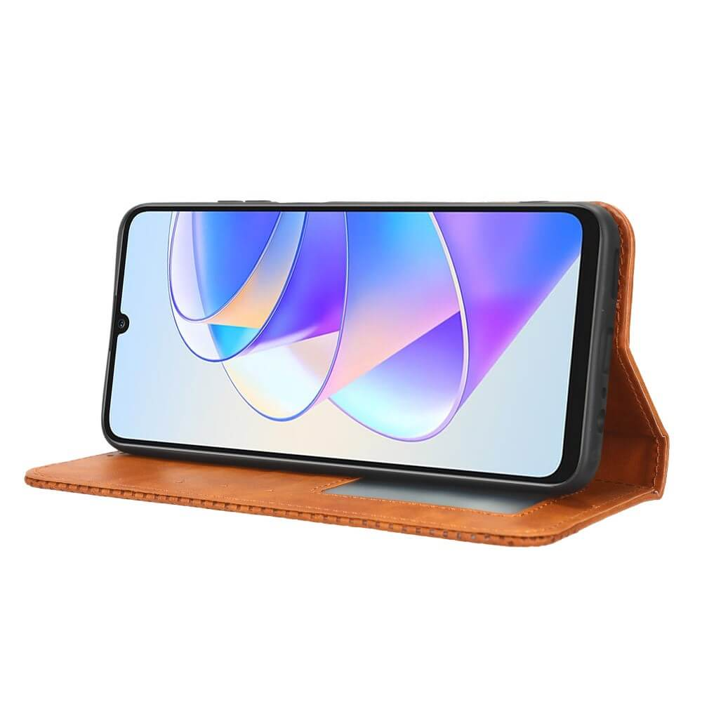 Un smartphone dans un étui en cuir marron avec un fond d'écran abstrait.