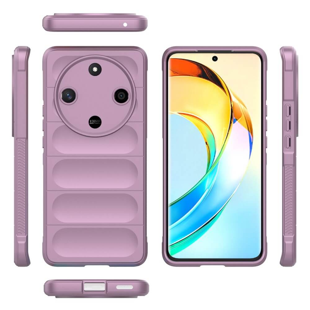 Coque de téléphone violette et écran affichés sous plusieurs angles.