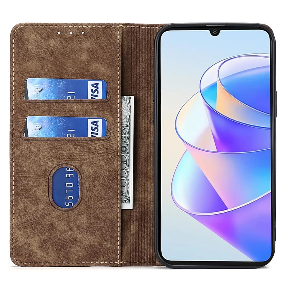 Étui de téléphone marron avec fentes pour cartes et un smartphone  à fond coloré.