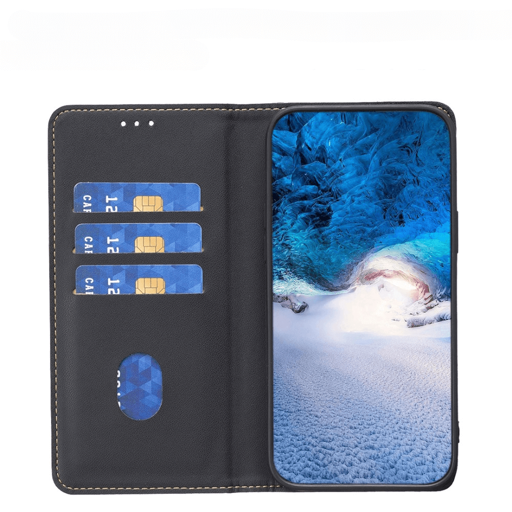 Étui de téléphone noir avec 3 fentes pour cartes et fond d'écran paysage glacé.