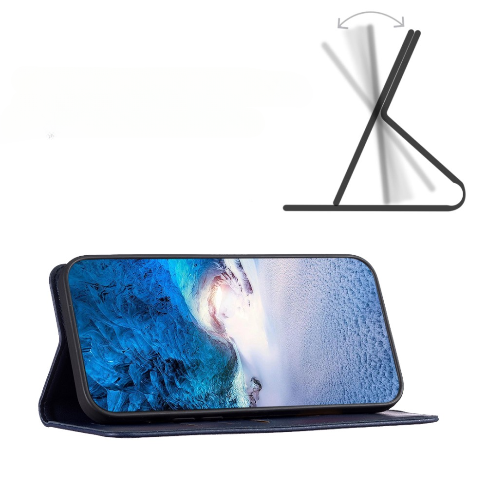 Un smartphone dans un étui bleu, debout avec illustration de support schématique.