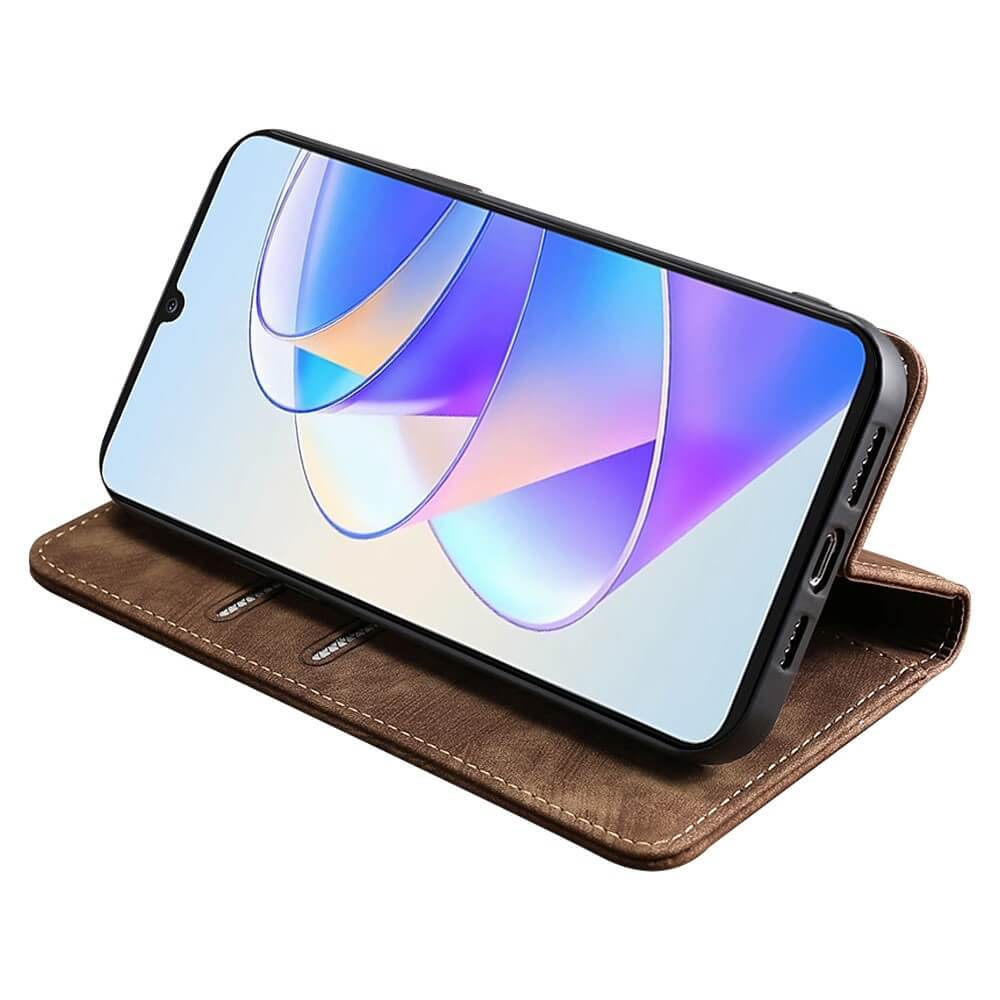 Étui à rabat en cuir marron pour smartphone avec fond d'écran abstrait.